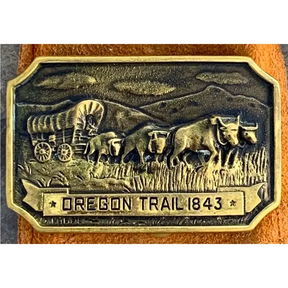 Vintage 1978 Oregon Trail Solid Brass Belt Buckle Ben Franklin DW-3657 + Pouch